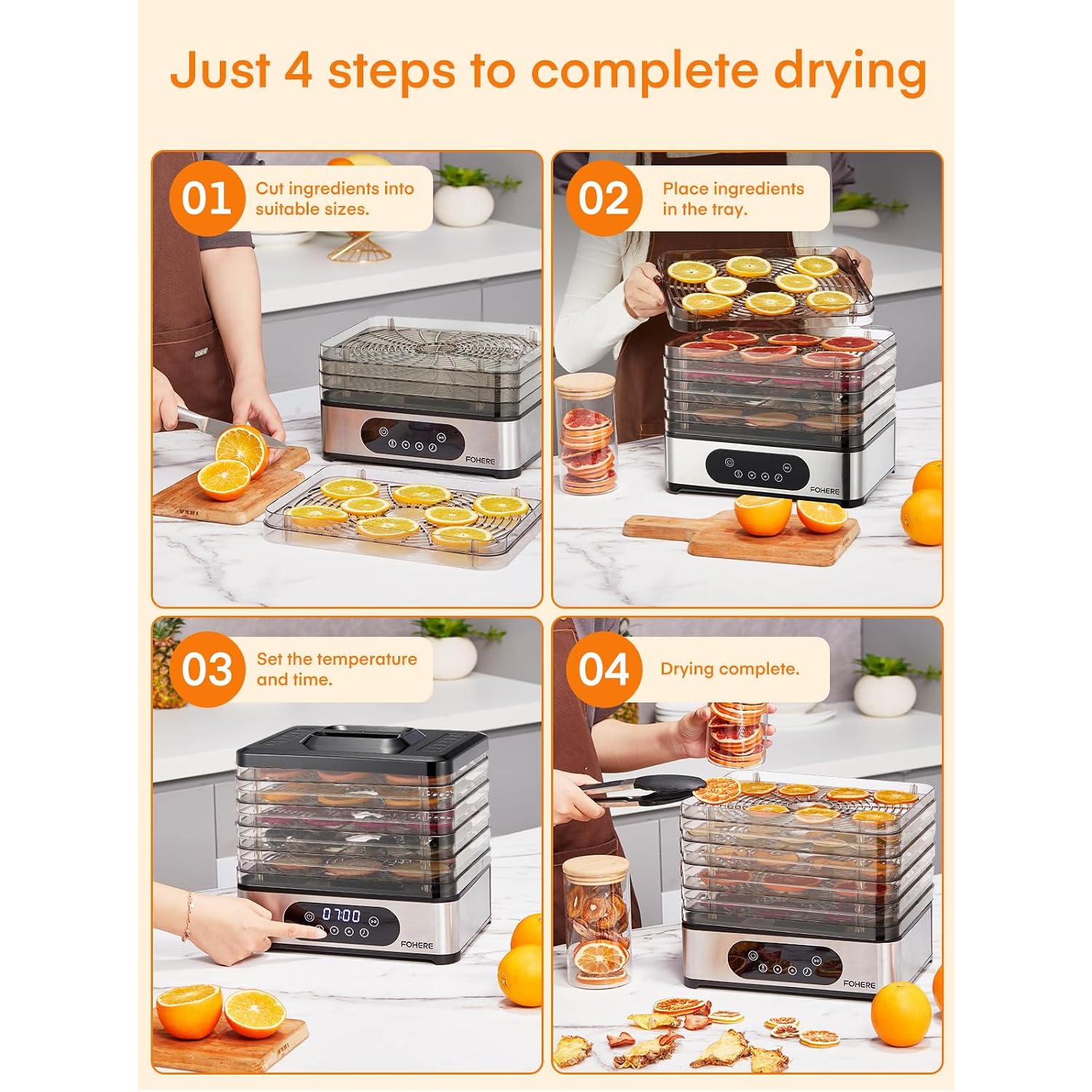 Fohere Food Dehydrator, 5 Bpa-Free Tray Dehydrators For Food And Jerky, Fruit, Herbs, Meat, Dog Treats, 48H Timer And 95-158°F Temperature Control, 400W Dehydrator Machine, 11.42" Stackable Trays
