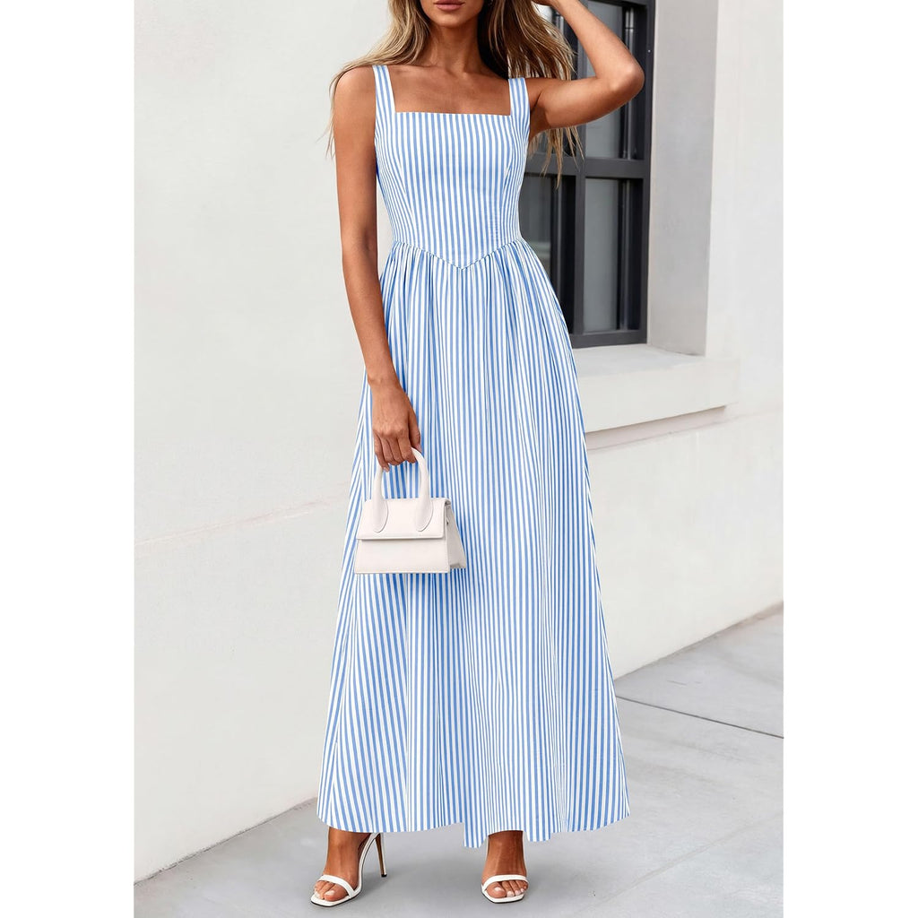 Prettygarden Women'S Maxi Dress Summer Striped Sundress 2026 Spring Smocked A Line Long Flowy Beach Vacation Party Dresses