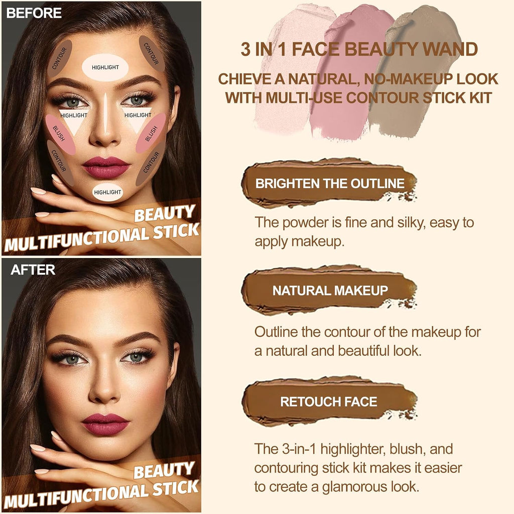 Lezero 3Pcs Contour Stick Makeup Kit, Shades With Highlighter, Blush And Bronzer Stick For Sculpt The Face And All Skin Type, Long Lasting, Smooth, Dewy & Matte Finish, Light Medium