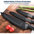 Gourmetop Kitchen Knife Set with Cover 3 Pcs, Black Chef Knife Set for Cooking, Sharp Kitchen Knives with Sheath, 8'' Chef Knife, 5'' Utility, 3.5'' Paring, Damascus Pattern Kitchen Knife for Cutting