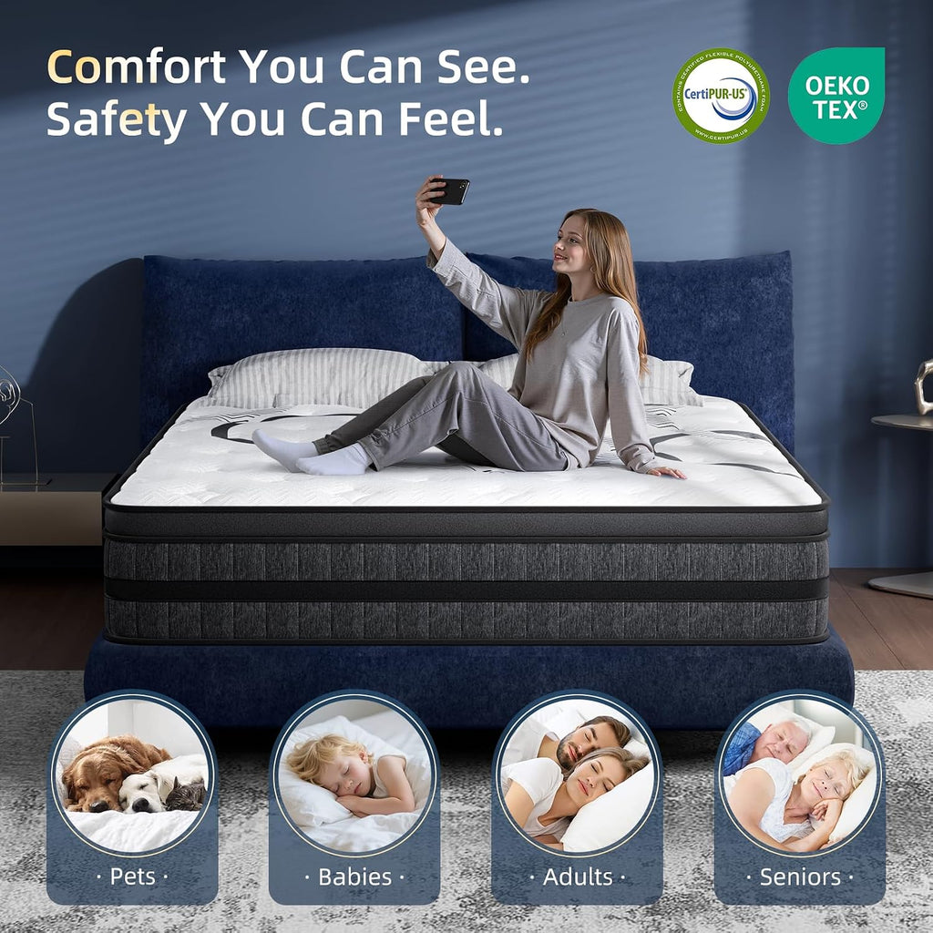 Queen Mattress, 12 Inch Hybrid Queen Size Mattress In A Box, Medium Firm, Memory Foam & Pocketed Springs, Pressure Relief, Certipur-Us Certified& Fiberglass Free, Motion Isolation, 365-Night Trial