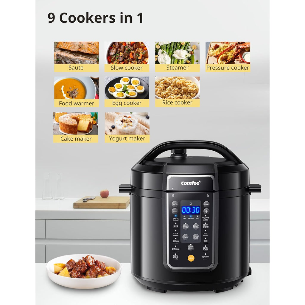 Comfee’ 12-In-1 Electric Pressure Cooker, Instant Multi, Non-Stick Pot, Yogurt Maker, Rice Cooker, Slow, Sauté Steamer, Pressure Cooker 6 Quart Black