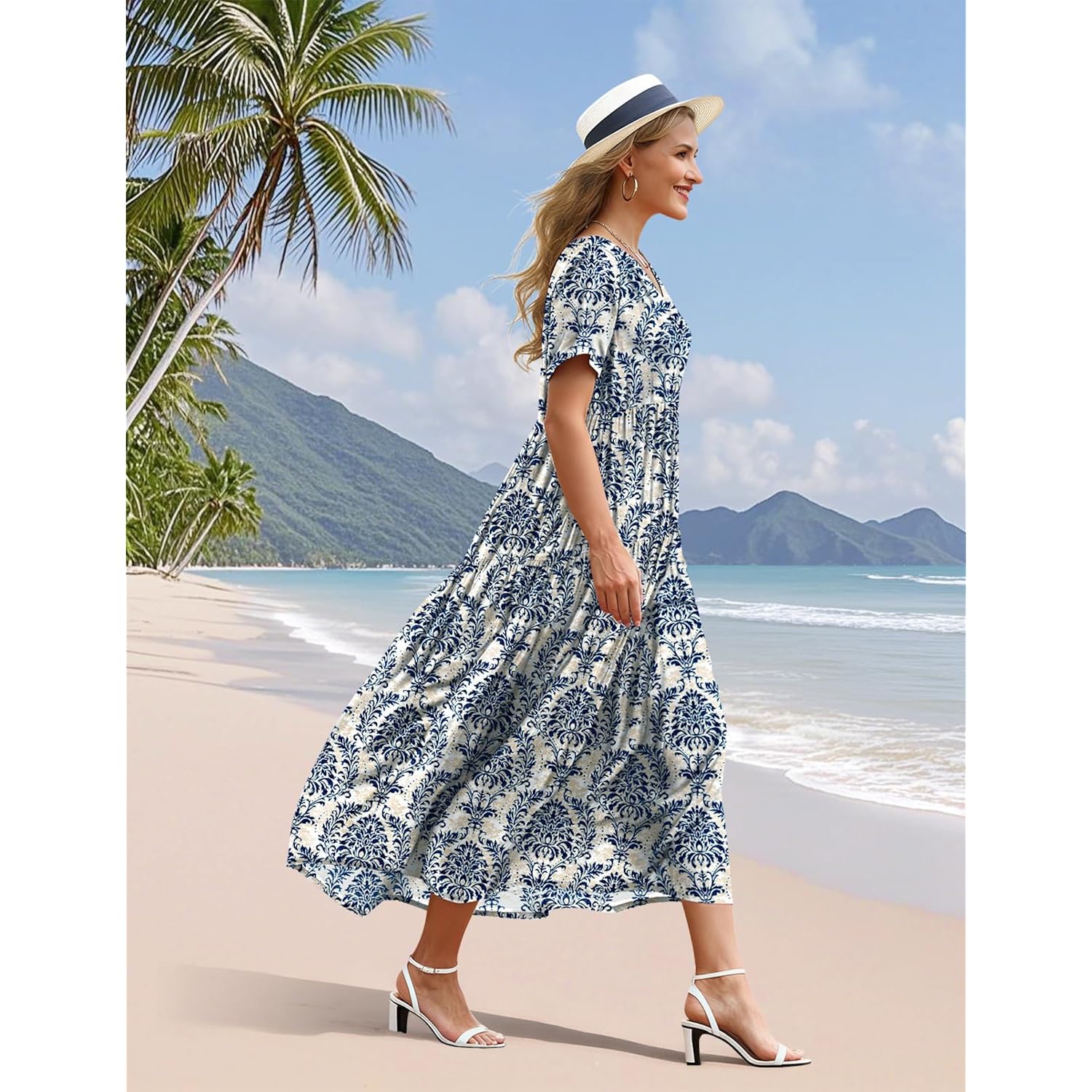 Yesno Women'S Summer Maxi Dresses Casual Floral Short Sleeve V Neck Boho Beach Vacation Swing Dress With Pockets Evf