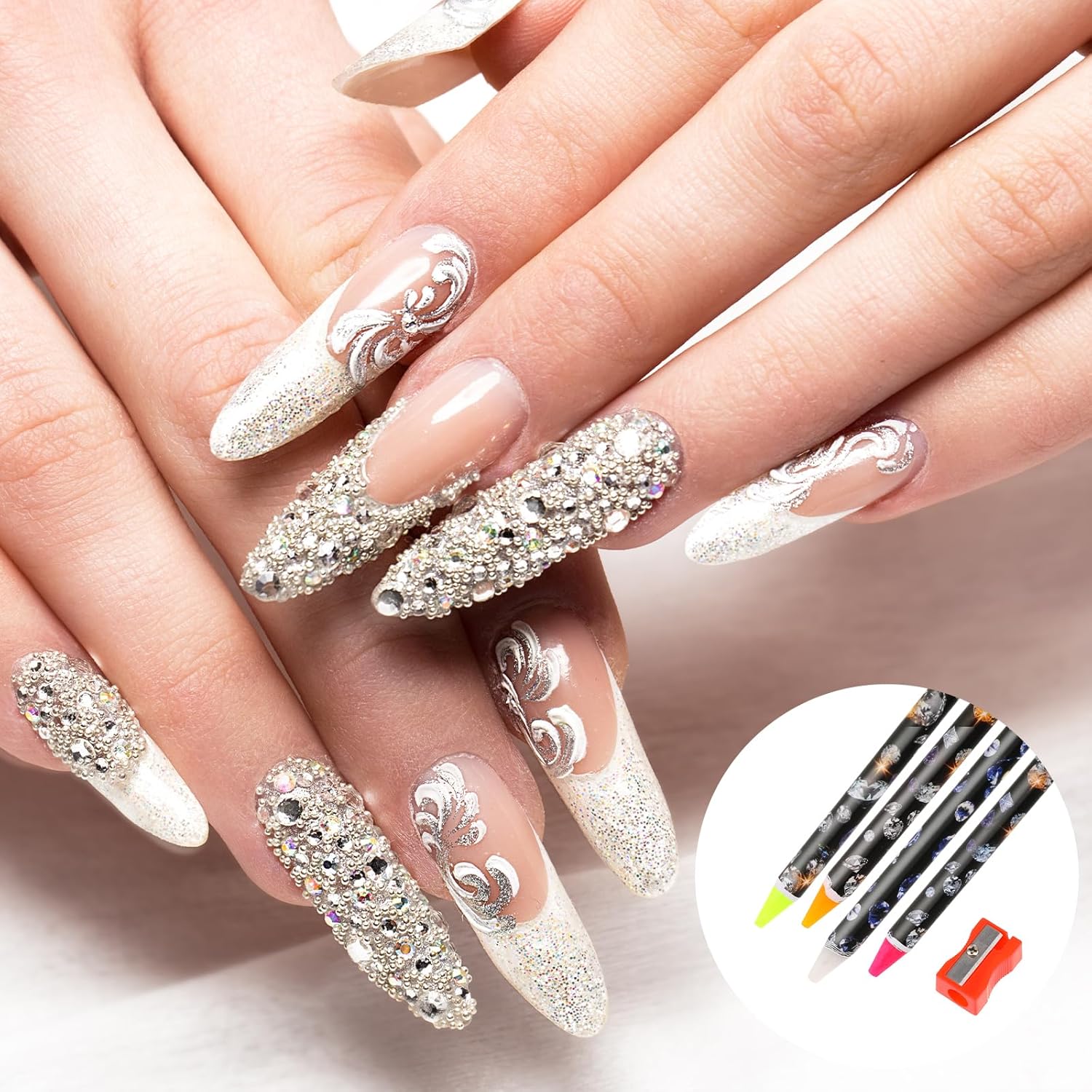 Hariendny 4 Pack Rhinestone Picker Tool Adhesive Resin Picker Pencil Nail Point Drill Pen Dotting Wax Pencil Gem Pick up Tools for Nail Art DIY with Pencil Sharpener