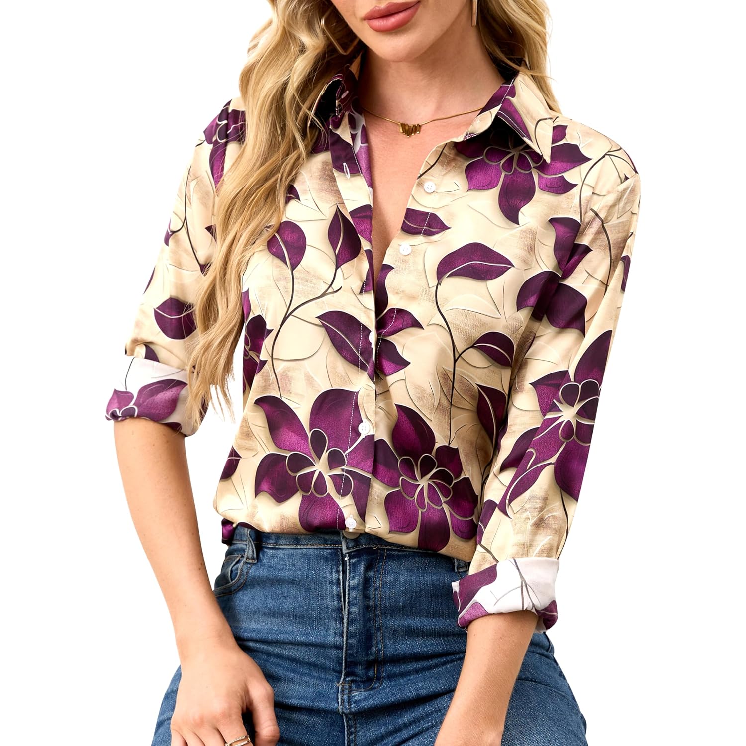 Wrinkle-Resistant Women Silky Button Down Shirts Fashion Printed Dressy Blouse Business Casual Long Sleeve Work Tops