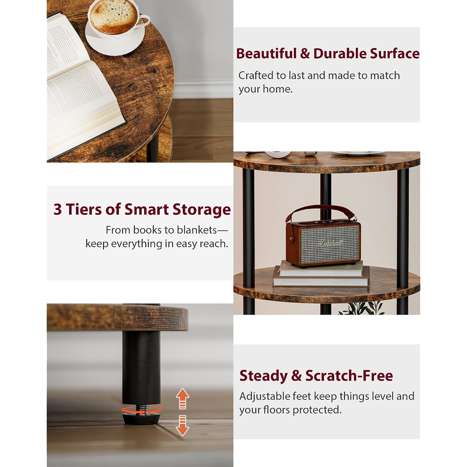 Xburmo Small Round Coffee Table - 3 Tier Design Accent Table, Narrow Side Or Bedside Stand, Industrial Vintage Nightstand For Bedroom, Living Room, Or Small Spaces, Rustic Brown