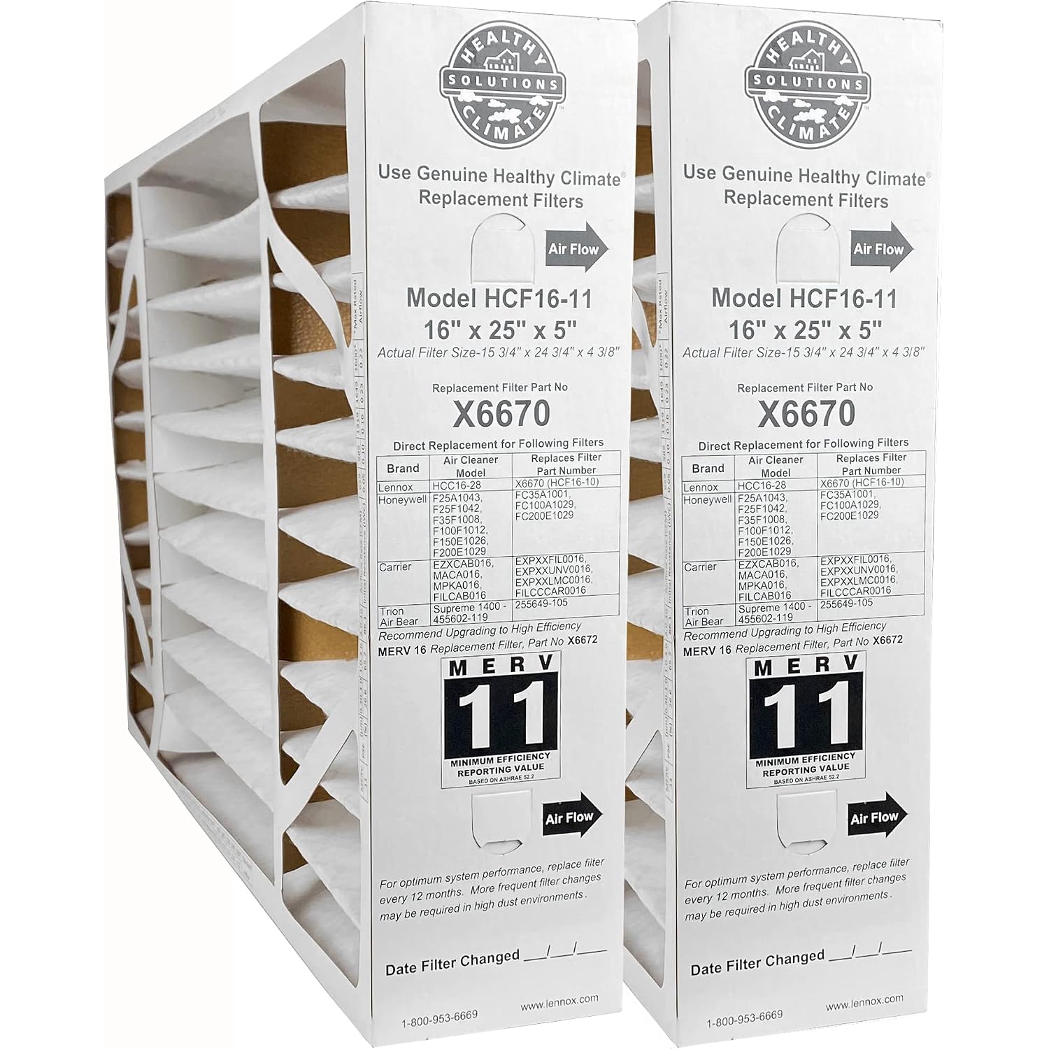 Lennox X6670 - (2-Pack) Healthy Climate 16" X 25" X 5" Oem Hcf16-11 Air Filter, Merv 11