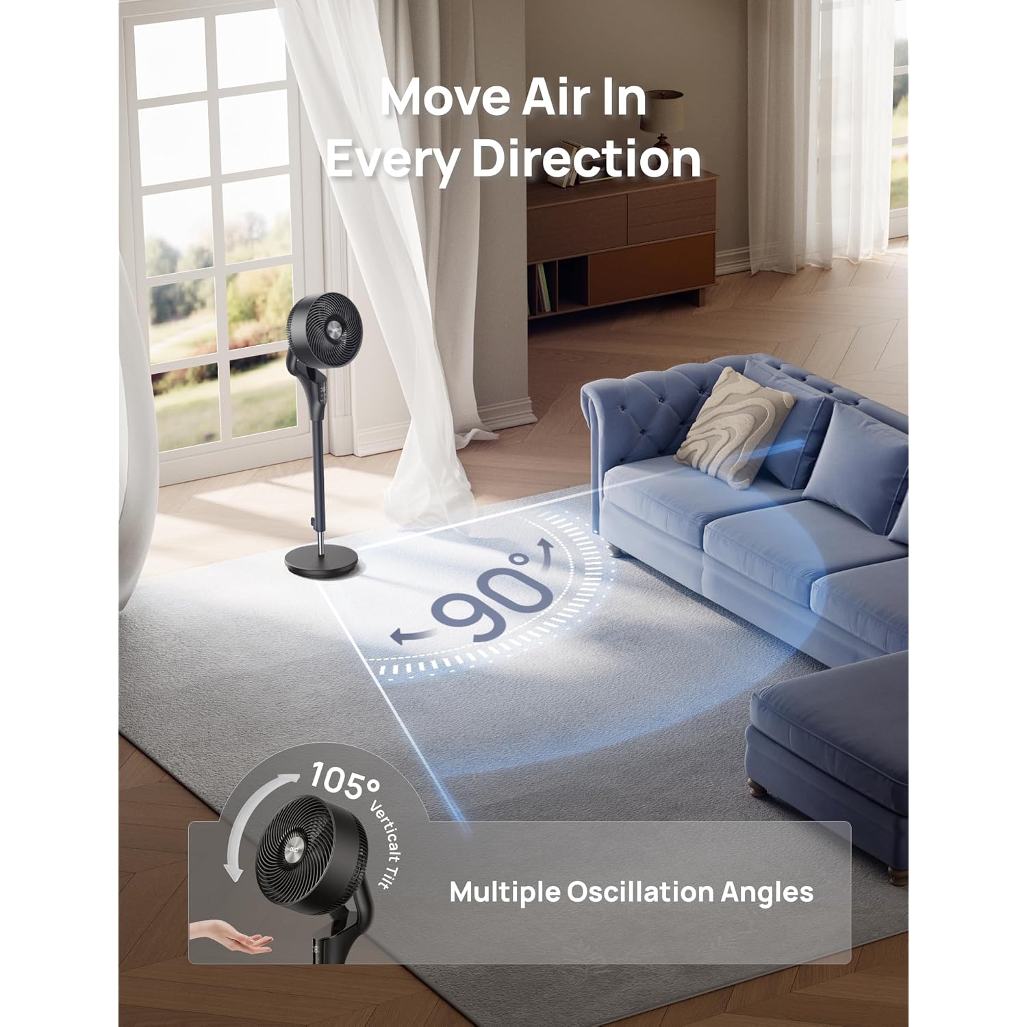 Dreo Fan For Bedroom, 2026 Upgraded, 90Ft Airflow, 20Db Quiet Fan, 90° Oscillating Standing Fan For Whole Room, Dc Motor, 8+H Speeds, 3 Modes, 38-42'' Adjustable Height, 8H Timer, 105° Manual Vertical