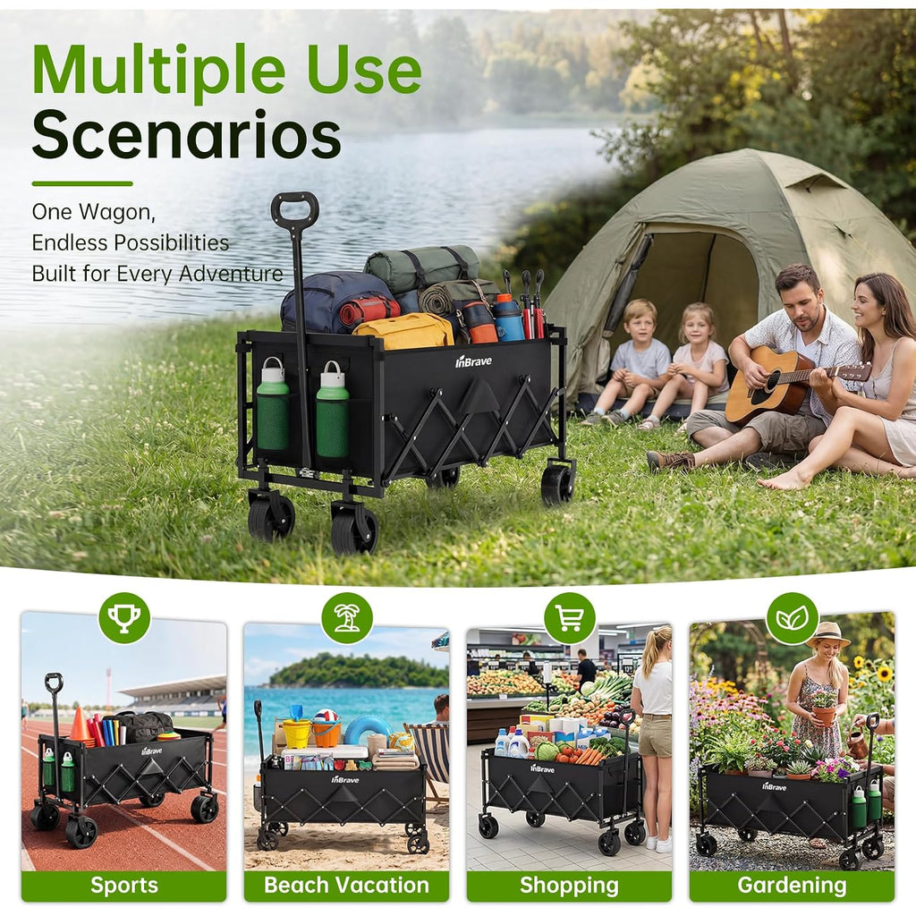 Extra Long Collapsible Wagon Cart, 360Lbs Heavy Duty Utility Wagons With All-Terrain Wheels, Foldable Grocery Carts For Gardening, Shopping, Beach, Camping, Black