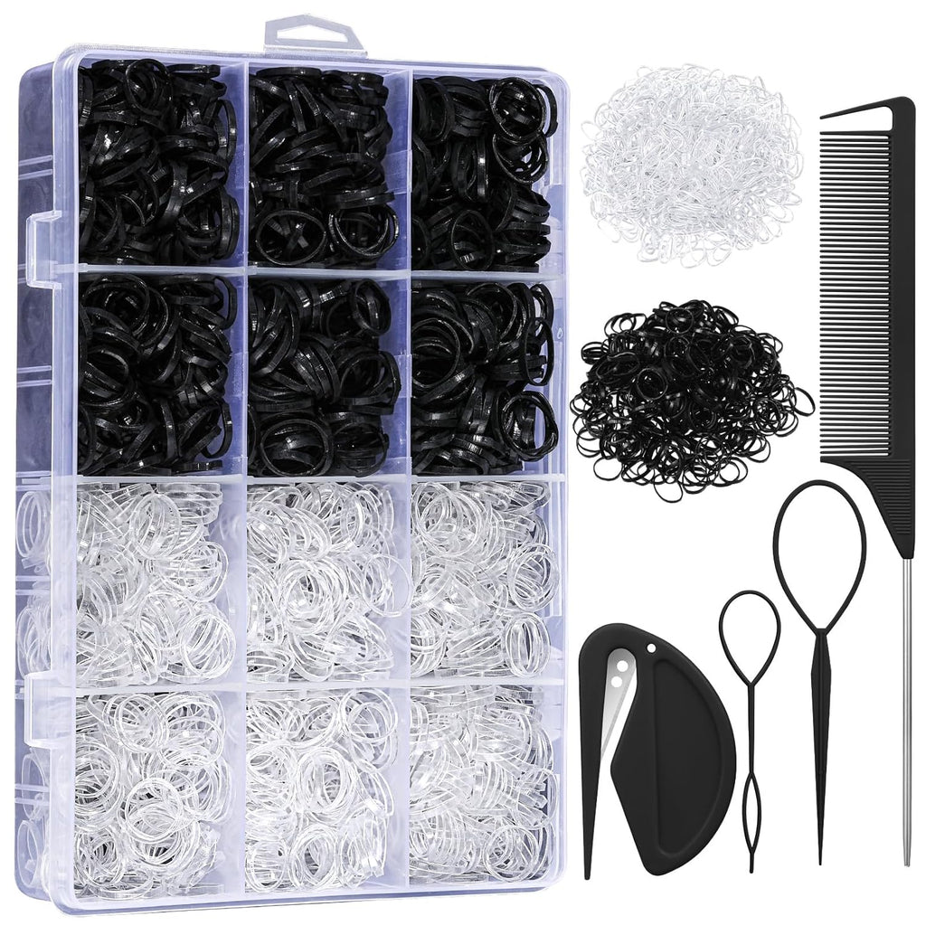 2200 Pcs Elastic Hair Bands with Hair Loop Styling Tool Set, Clear and Black Elastic Hair Ties with Rubber Band Cutter Organizer Box Hair Accessories for Toddler Baby Girl Women