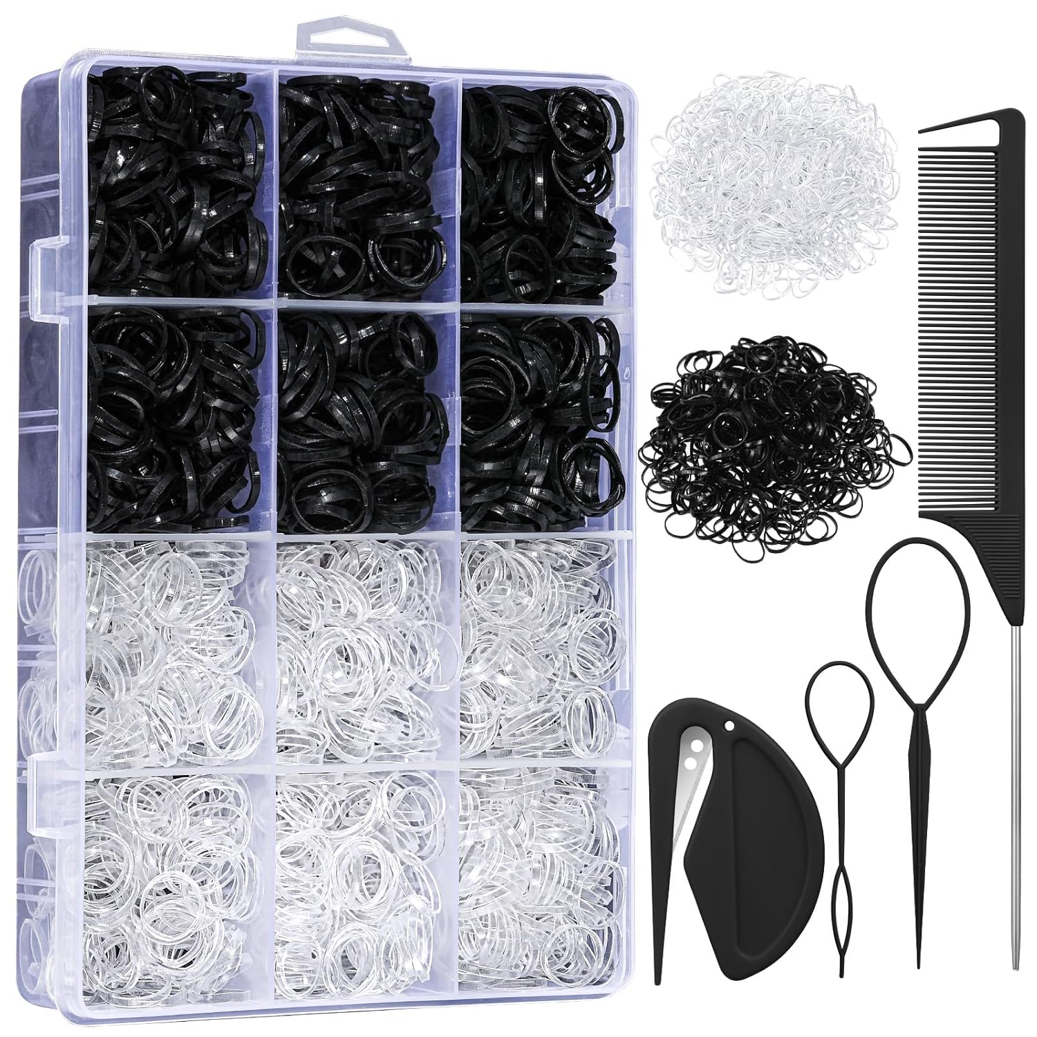 2200 Pcs Elastic Hair Bands with Hair Loop Styling Tool Set, Clear and Black Elastic Hair Ties with Rubber Band Cutter Organizer Box Hair Accessories for Toddler Baby Girl Women