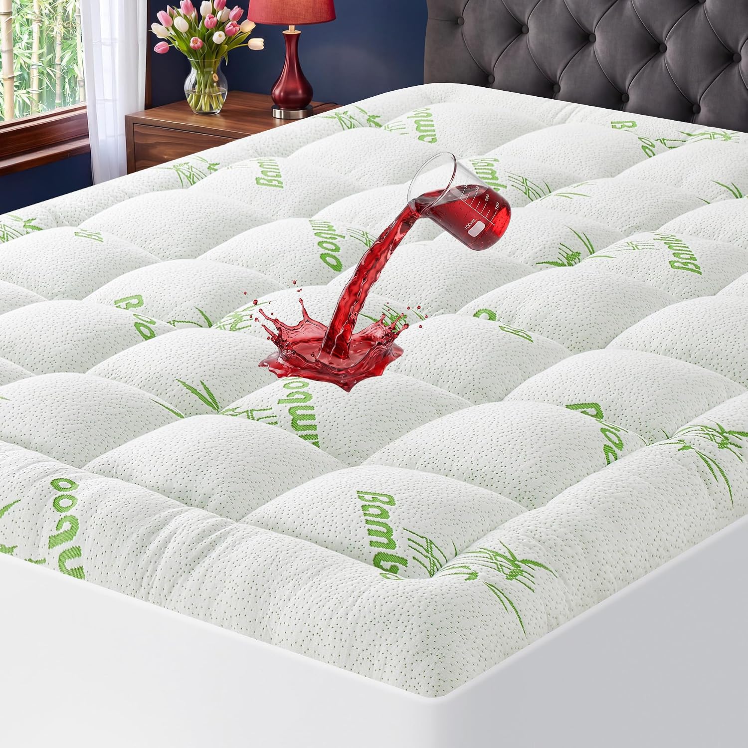 Waterproof Queen Size Mattress Topper Viscose Derived From Bamboo, Extra Thick Mattress Pad For Back Pain, Cooling Mattress Protector With Deep Pocket 8"-21", Green,Queen