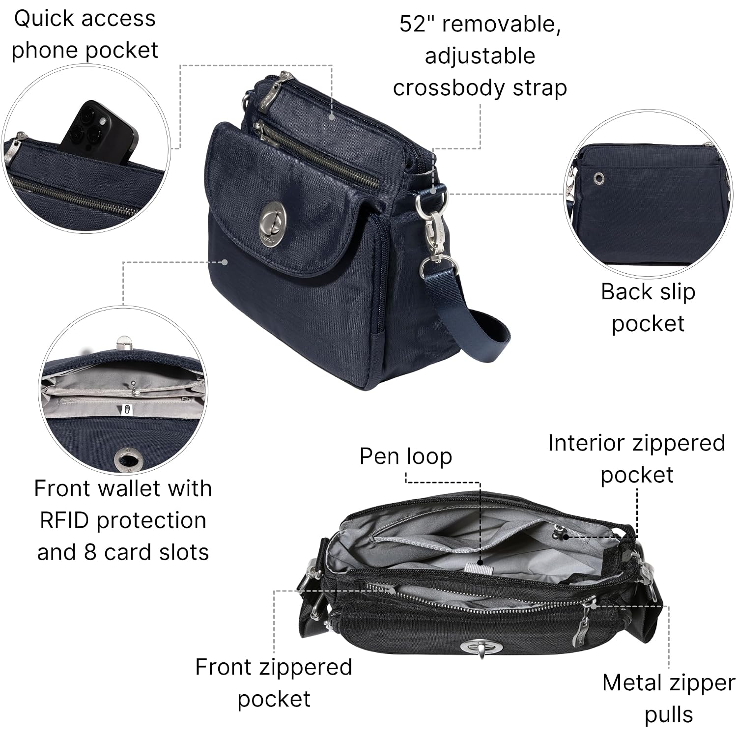 Baggallini Calais Crossbody Bags For Women 10X7 Lightweight Water-Resistant Travel Purse, Rfid & Interior Organization