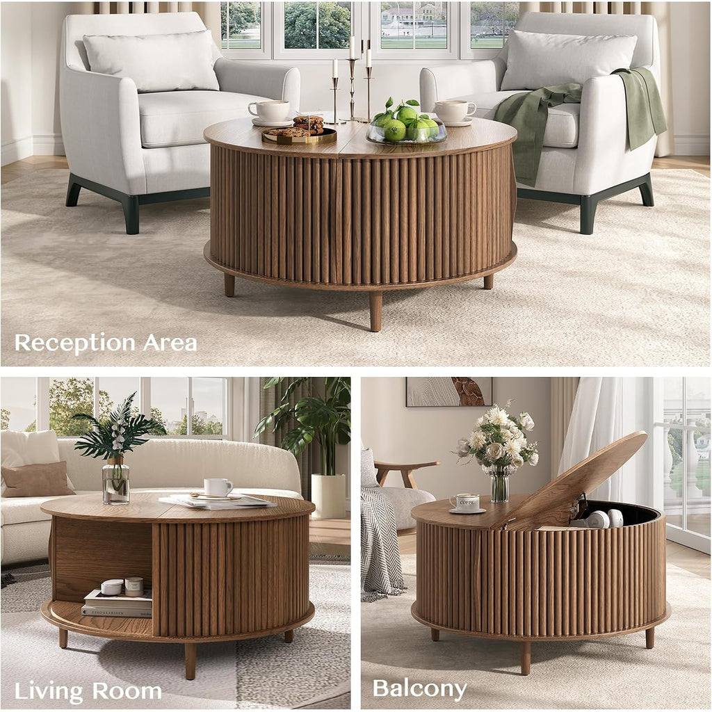 Joinice 31.5" Round Coffee Table With Storage For Living Room, Walnut | Hidden Storage,Fluted Sliding Door,Mid Century Furniture For Small Apartments,Solid Wood Legs,Easy Assembly,Up To 110 Lbs