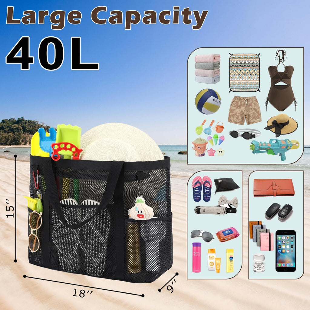 Fammart Mesh Beach Bag with Zipper, Large Beach Tote for Women, Toys Pool Swim Bag Travel Vacation Cruise Essentials