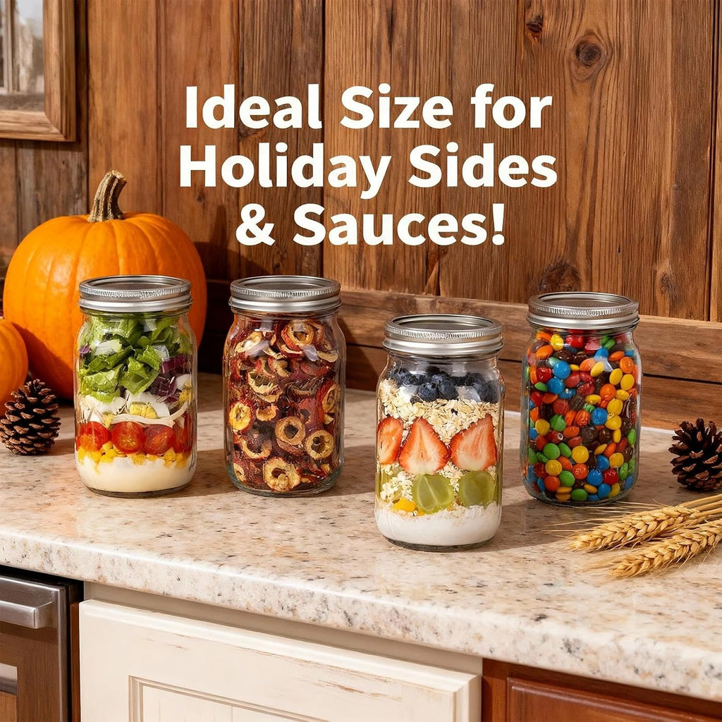 WELLIFE Wide Mouth Mason Jars, 12 Pack Mason Jars 32 oz for Pickling, Canning, Fermenting and Food Storage, Microwave & Dishwasher Safe