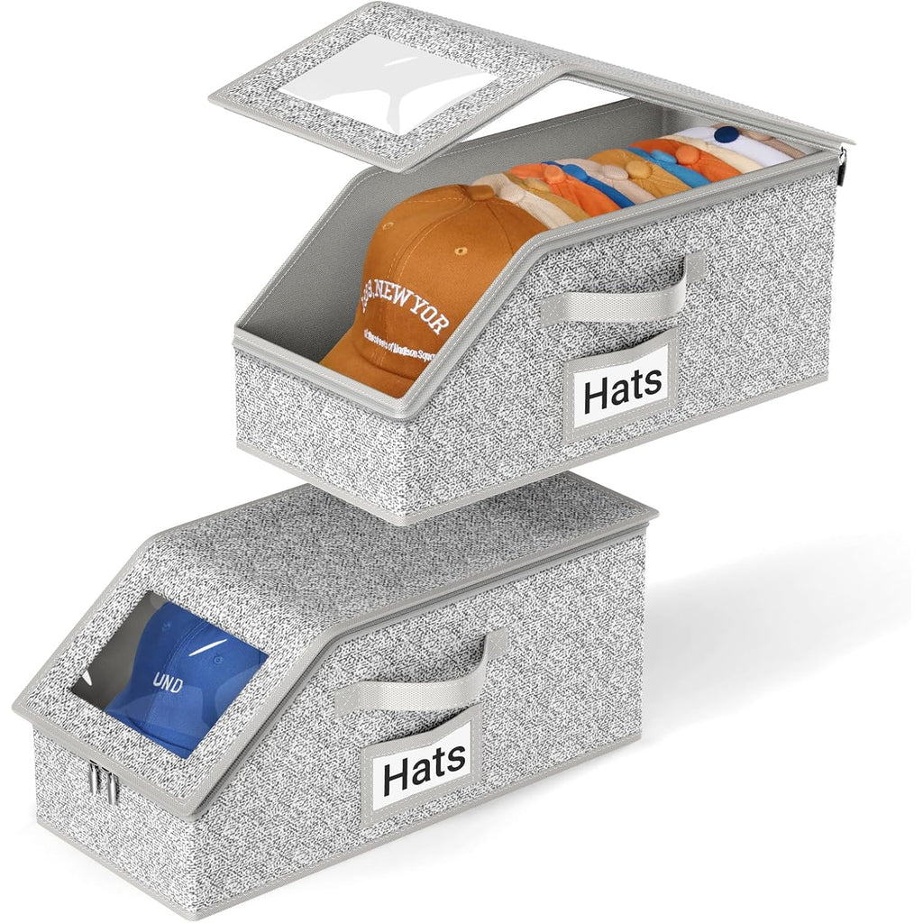 2 Pcs Stackable Hat Storage For Baseball Caps, Holds Up To 24 Caps Hat Organizer For Closet, Sturdy Snapback Boxes For Men With Cardboard, Grey