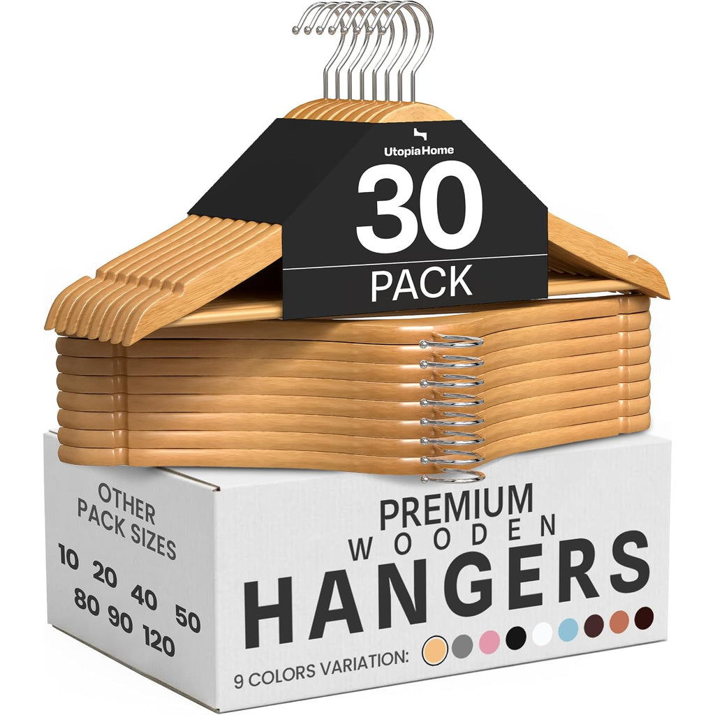 Utopia Home Premium Wooden Hangers 30 Pack - Durable & Slim Coat Hanger - Suit Hangers With 360-Degree Rotatable Hook - Wood Hangers With Shoulder Grooves (Natural)