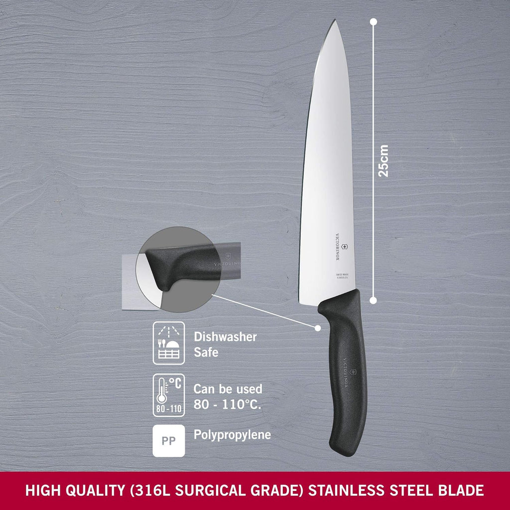Victorinox Chef Knife 8 Inch - Swiss Classic Straight Edge Chef’s Knife, Kitchen Knife with Stainless Steel Blade, Ergonomic Non-Slip Handle, Dishwasher Safe, Black