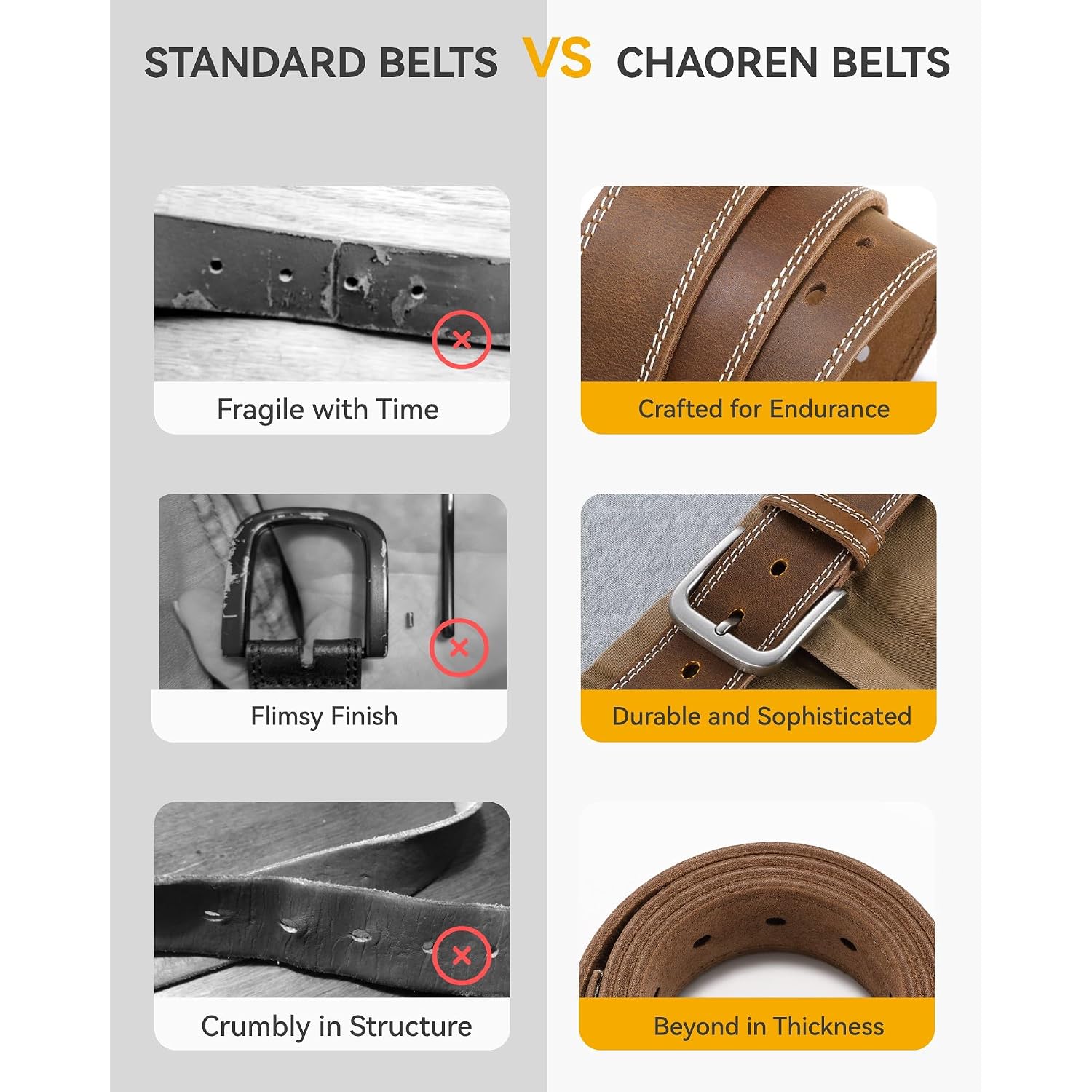 Chaoren Mens Belts Casual For Jeans - Full-Grain Leather, Durable Cowhide | Solid Buckle, Classic Style, Handmade, Daily Wear, Gift Box