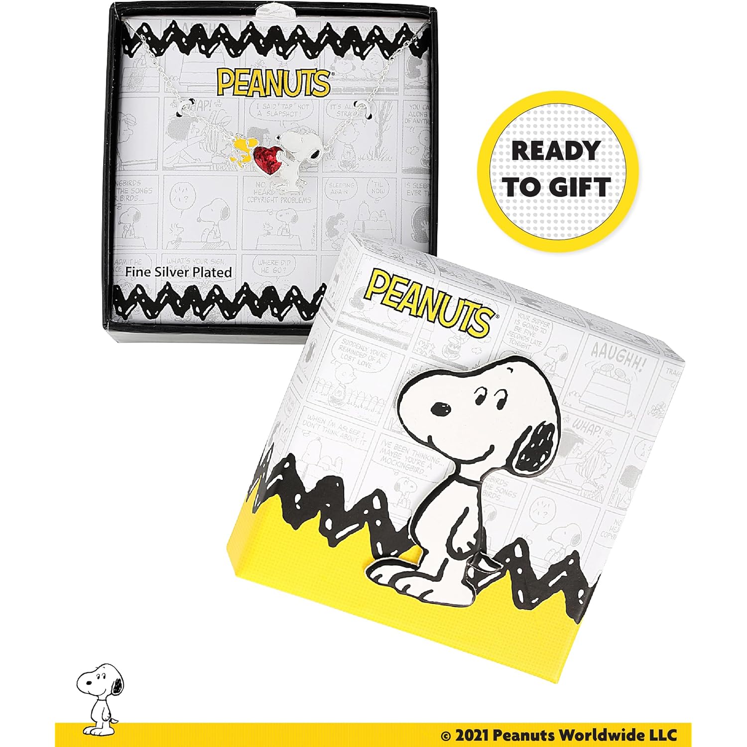 Peanuts Official Snoopy and Woodstock Necklaces, Silver Flash-Plated with Red Crystal Heart, Valentines Gifts for Her