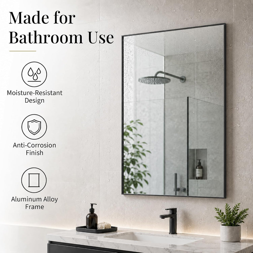 2-Pack 24"X36" Matte Black Framed Bathroom Vanity Wall Mirrors | Taller Vanity Pair, Balanced Twin-Sink Look, Matching Finish Across Rooms, Vertical/Horizontal Hanging, Tempered Glass