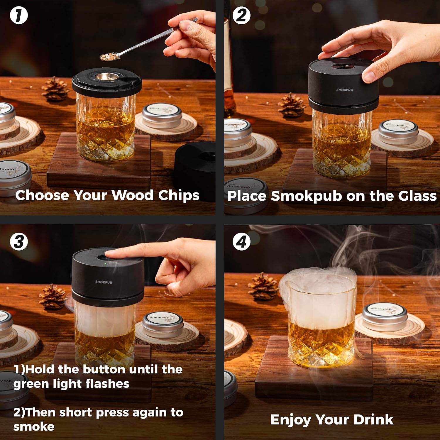 Electric Whiskey Smoker Kit, Rechargeable Cocktail Smoker With 6 Wood Chips, Flameless Heating System, Old Fashioned Drink Smoker Kit, Bourbon Whiskey Gifts For Men,Dad,Husband