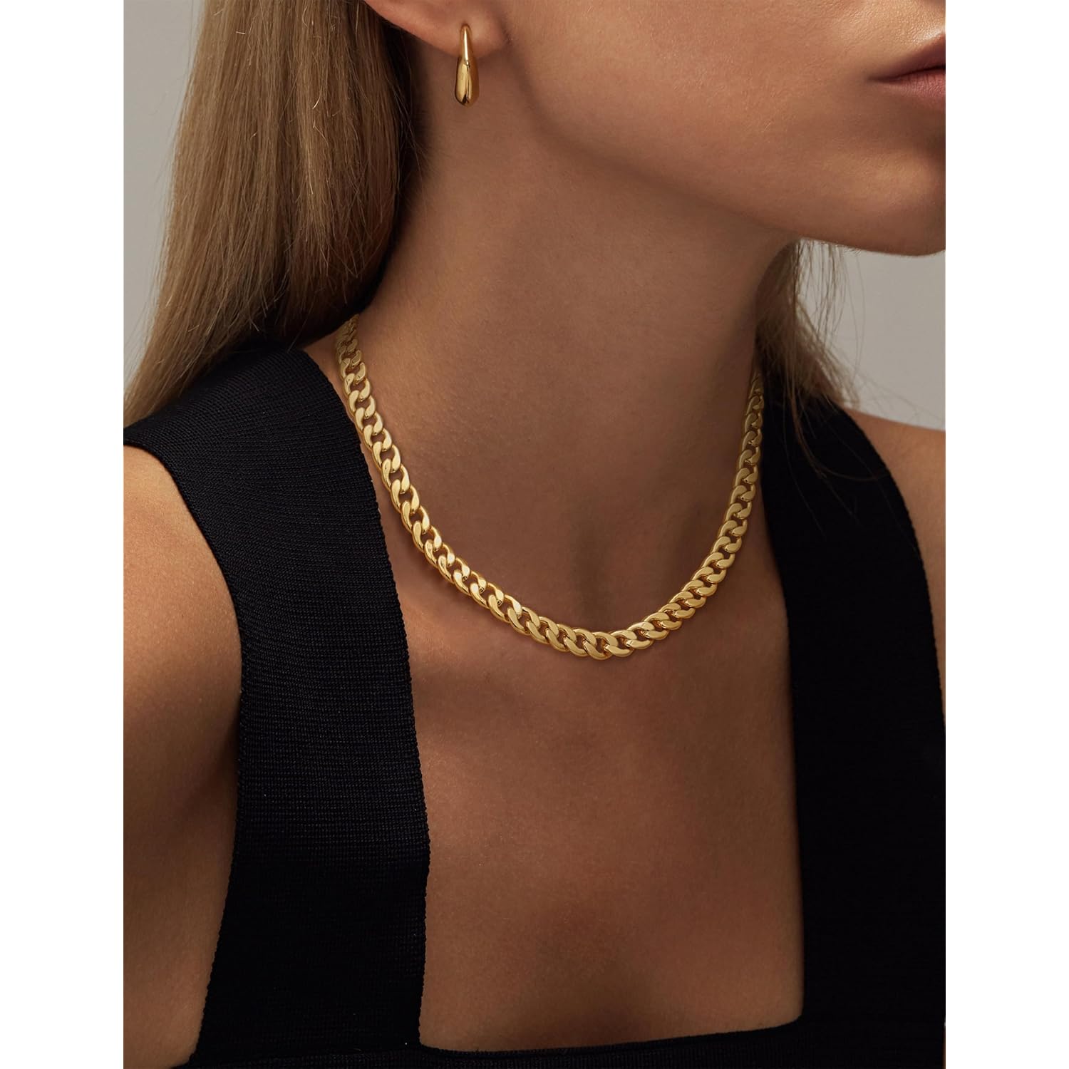 Moodear Gold Necklace for Women Dainty Chunky 14K Gold Plated/Sliver Plated Chain Necklace Cuban Link Paperclip Chain Choker Toggle Clasp Layered Necklace for Women Trendy Fashion Gift