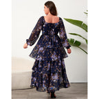 Eywol Womens Plus Size Floral Tiered Ruffle Long Sleeve Evening Party Wedding Guest Dress