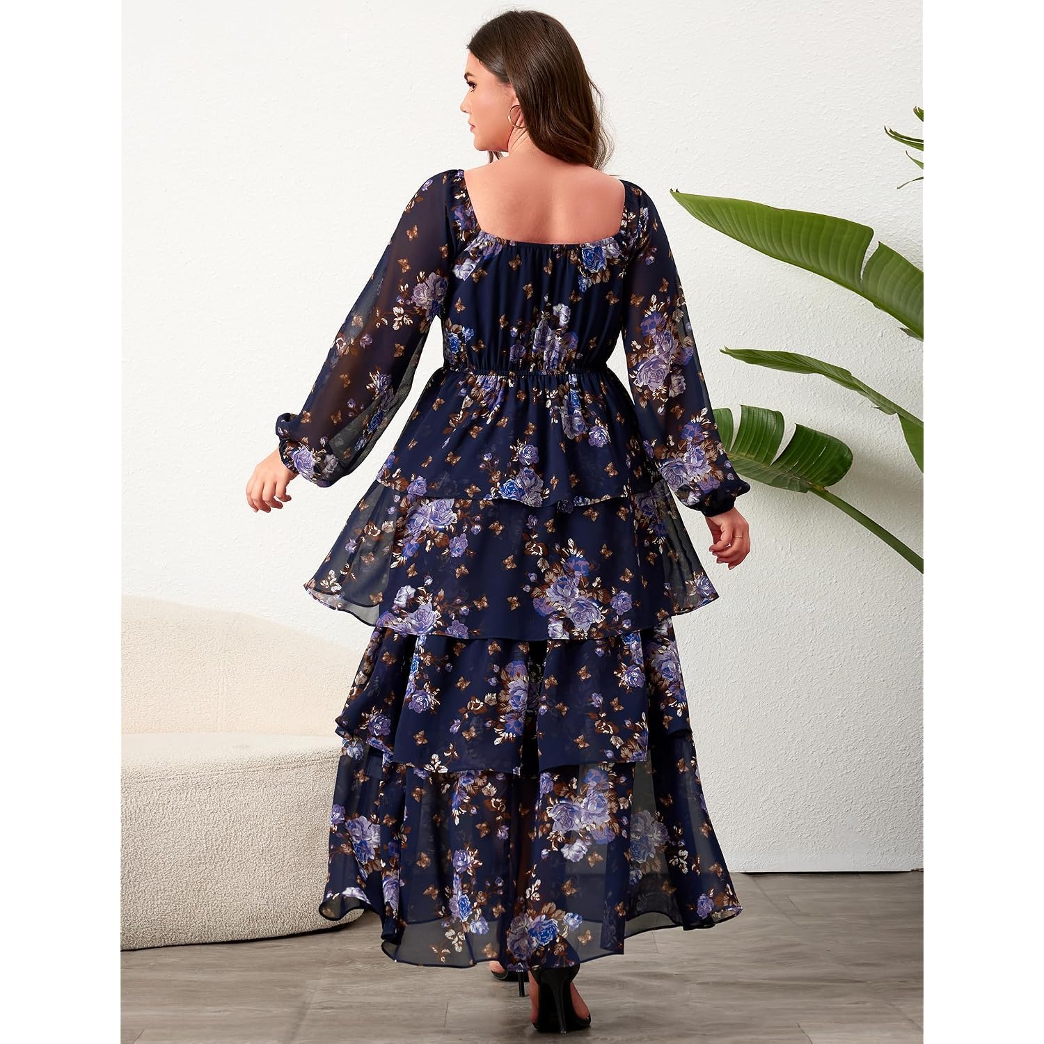 Eywol Womens Plus Size Floral Tiered Ruffle Long Sleeve Evening Party Wedding Guest Dress
