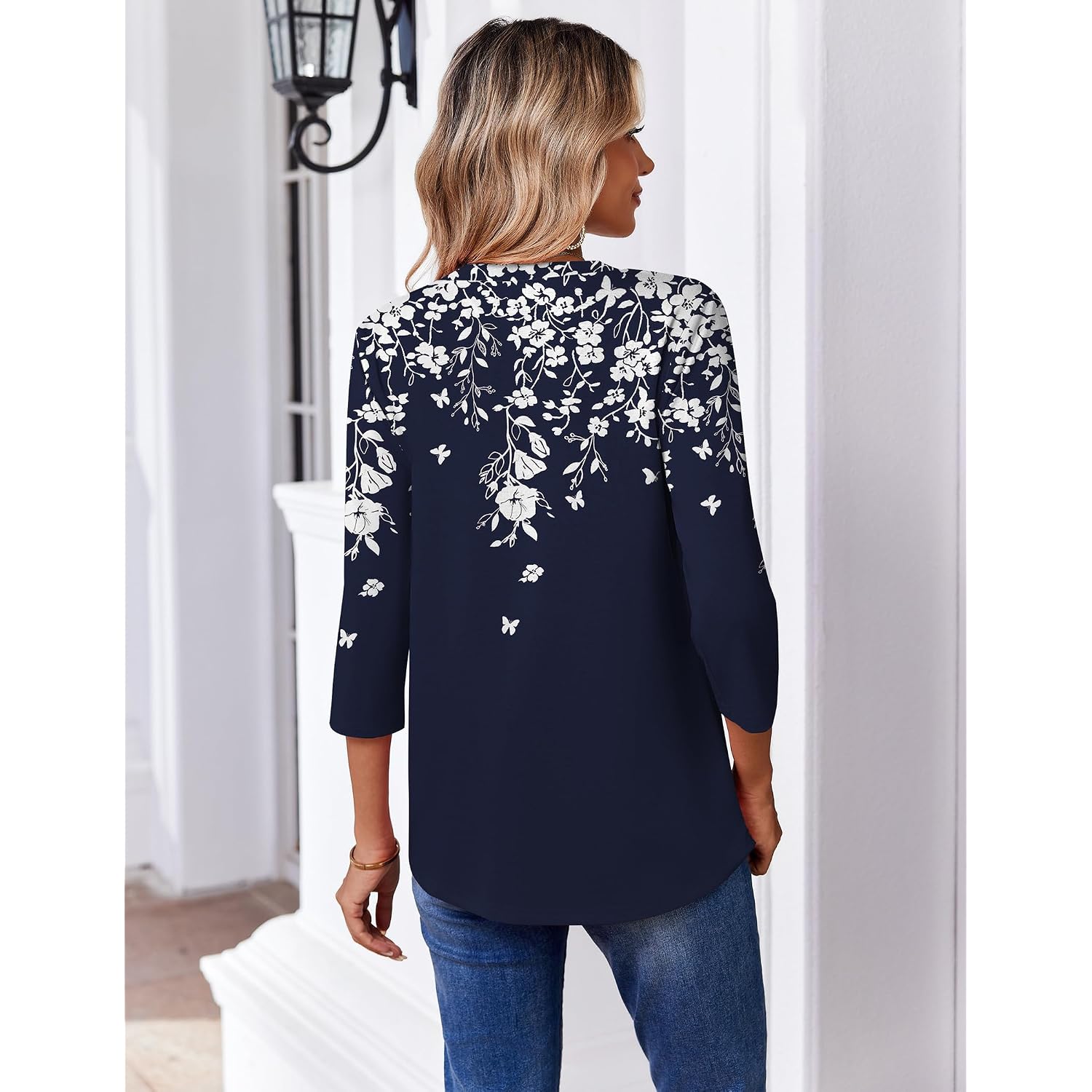 Zeagoo 3/4 Length Sleeve Womens Tops Casual V Neck Pleated Top Boho Floral Blouses Work Shirts