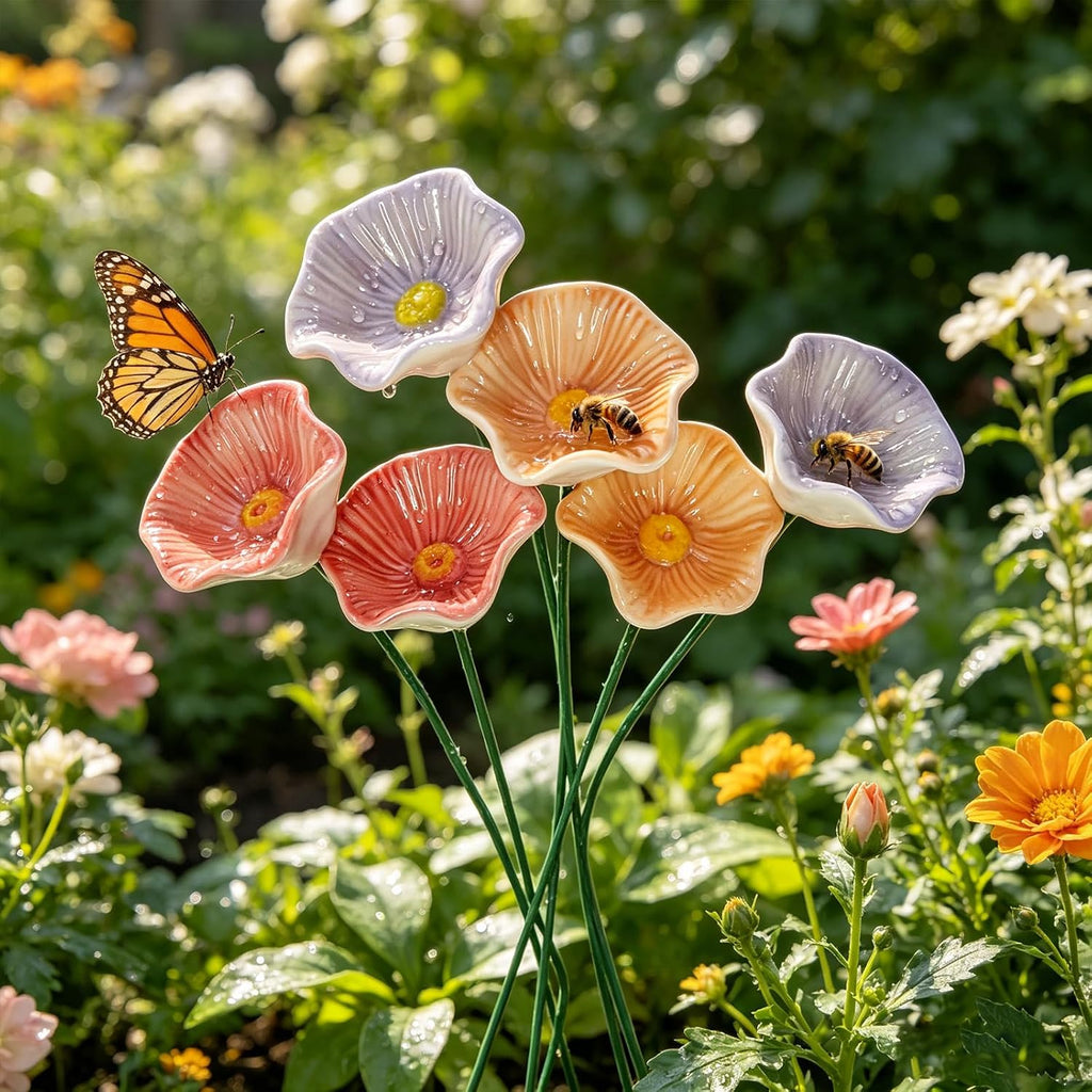 Handmade Ceramic Bee Watering Station, Mini Flower Pollinator Water Feeder, Weatherproof Butterfly Bird Bath Stake Decor For Patio Lawn Balcony Potted Plant Outdoor Garden-6Pcs-G