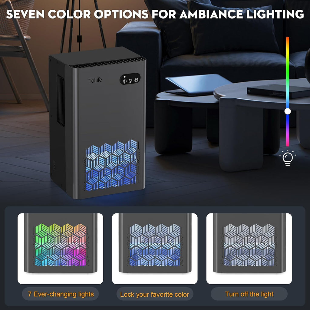 Tolife Dehumidifiers For Home, 1000 Sq.Ft Dehumidifier For Basement Bathroom Bedroom With 95 Oz Water Tank, Auto Shut Off 7 Colors Led Light, Grey