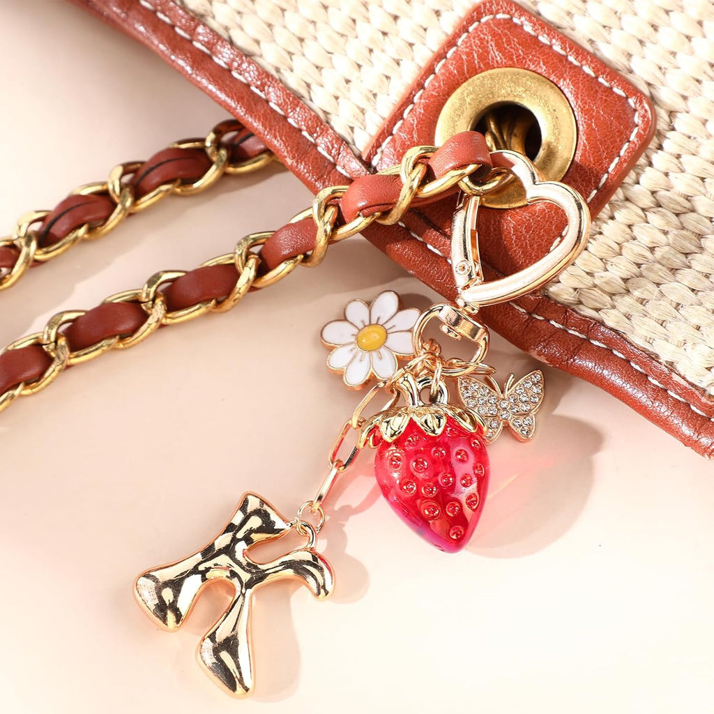 Strawberry Initial Keychain for Women-Cute Kawaii Gold Alphabet Bag Charms, Key chain Gift for Purse Handbag