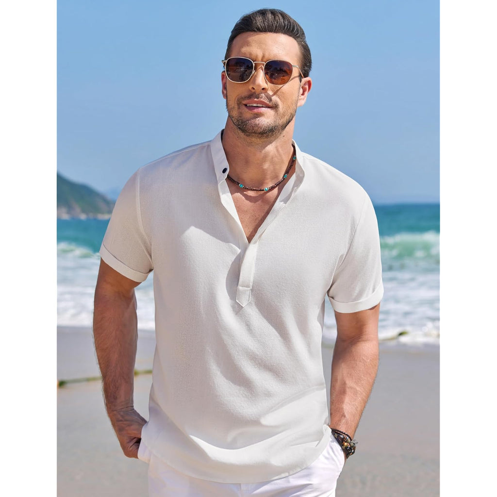 Coofandy Men'S Linen Henley Shirt Short Sleeve Casual Summer Beach Hippie T Shirts