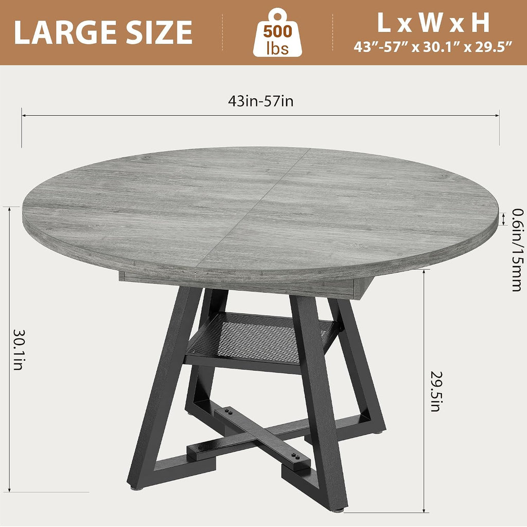 Expandable Kitchen Dining Table For 4-6, Oval Round Dining Table With Storage Shelf And Removable Extension Leaf, Space Saving Pedestal Table For Dining Room, Modern Industrial Style (Grey)