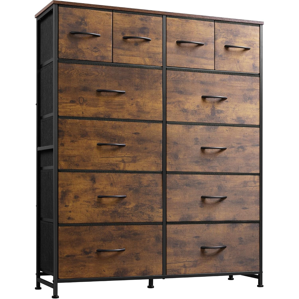 Wlive Tall Dresser For Bedroom With 12 Drawers, Dressers & Chests Of Drawers, Fabric Dressers For Closet, Storage Dresser Organizer With Steel Frame, Wood Top, Rustic Brown Wood Grain Print