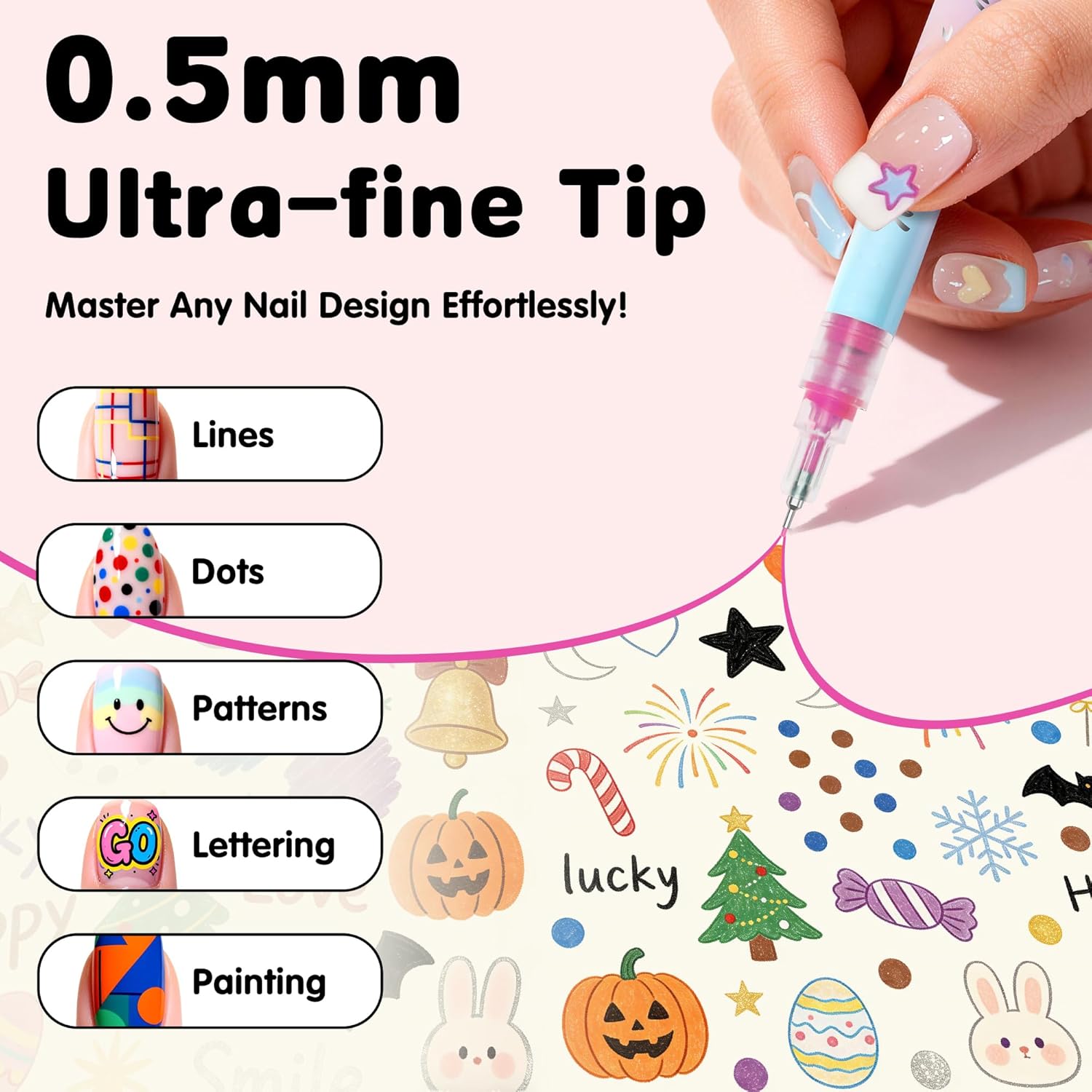 12 Colors Nail Art Pens Set, 0.5mm Ultra-Fine Tip Nail Polish Pens for Drawing Dotting Painting Liner, Quick Dry Non-Toxic Nail Art Markers for DIY Nail Art Crafts, Home, and Salon Use