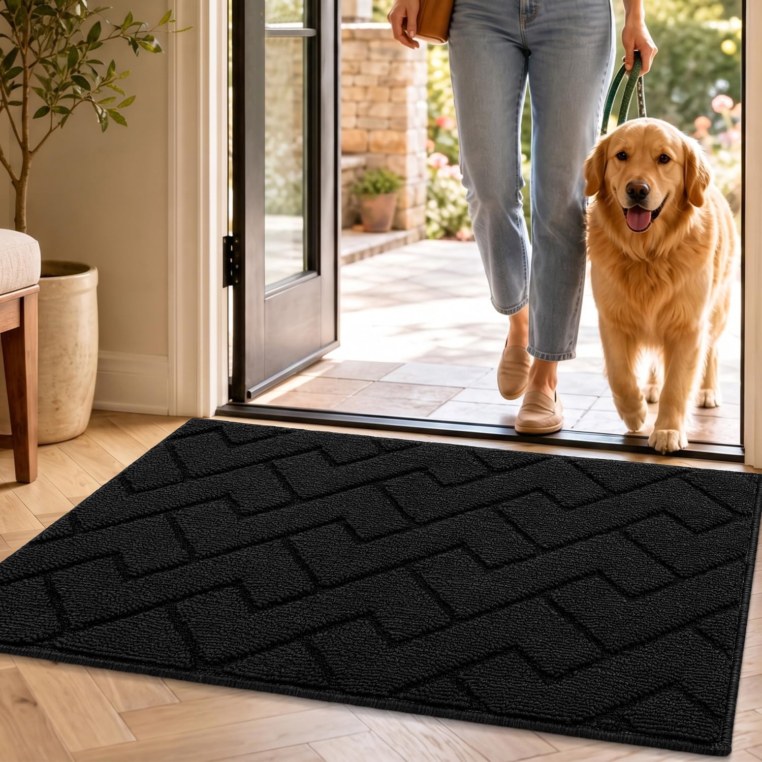 Indoor Doormat,Welcome Door Mat Tpr Backing Non Slip Mats 20"X32" Absorbent Resist Dirt Entrance Doormat Inside Floor For Entryway Washable Low-Profile (Black)