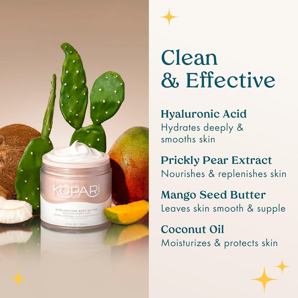 Kopari Ultra Restore Body Butter, Whipped Lightweight Formula, Hyaluronic Acid & Mango Seed Butter, Deep & Long-Lasting Moisture, Coconut 7.7 Oz