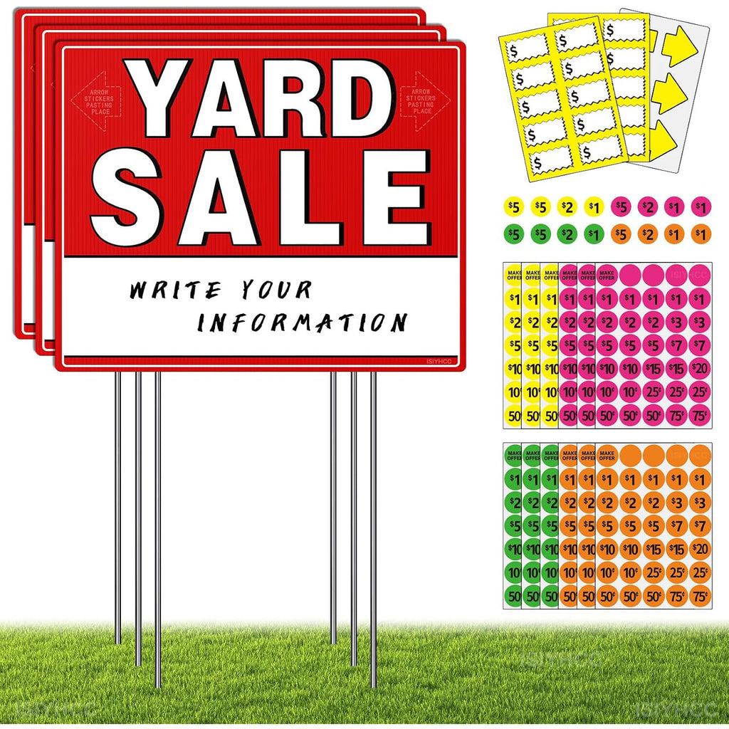 Yard Sale Signs Kit With Price Stickers (8 Pack), 3 Pcs Yard Sale Signs With Stakes, 5 Pcs Garage Sales Price Stickers, Directional Arrows Sign, Garage Sales Supplies, Large Prices Tags, Double Sided
