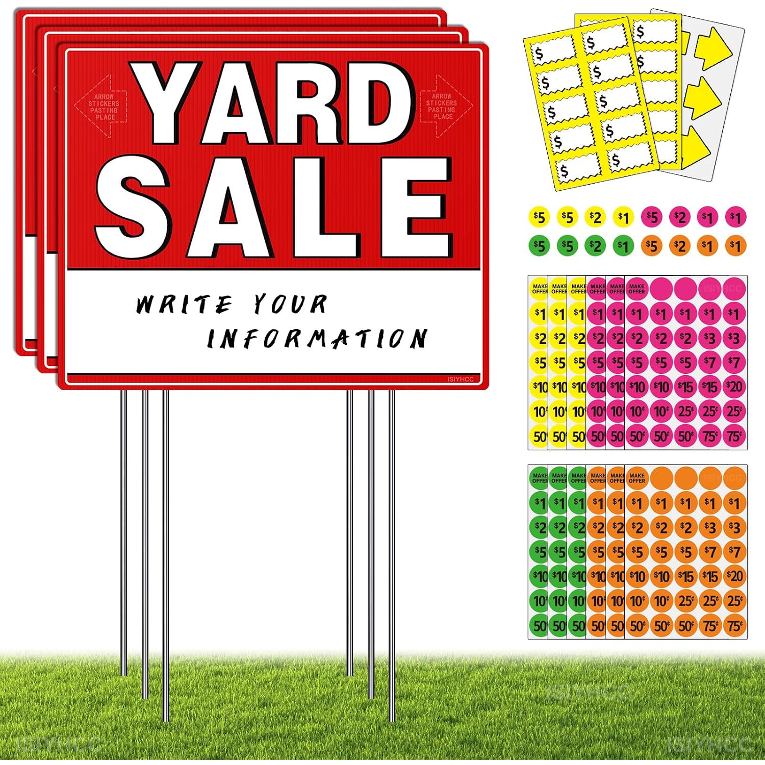 Yard Sale Signs Kit With Price Stickers (8 Pack), 3 Pcs Yard Sale Signs With Stakes, 5 Pcs Garage Sales Price Stickers, Directional Arrows Sign, Garage Sales Supplies, Large Prices Tags, Double Sided