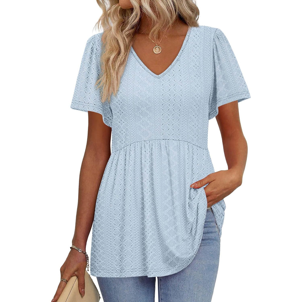 Ofeefan Womens Summer Tops Babydoll Short Sleeve Shirts Puff Sleeve Peplum Tops V Neck T Shirts