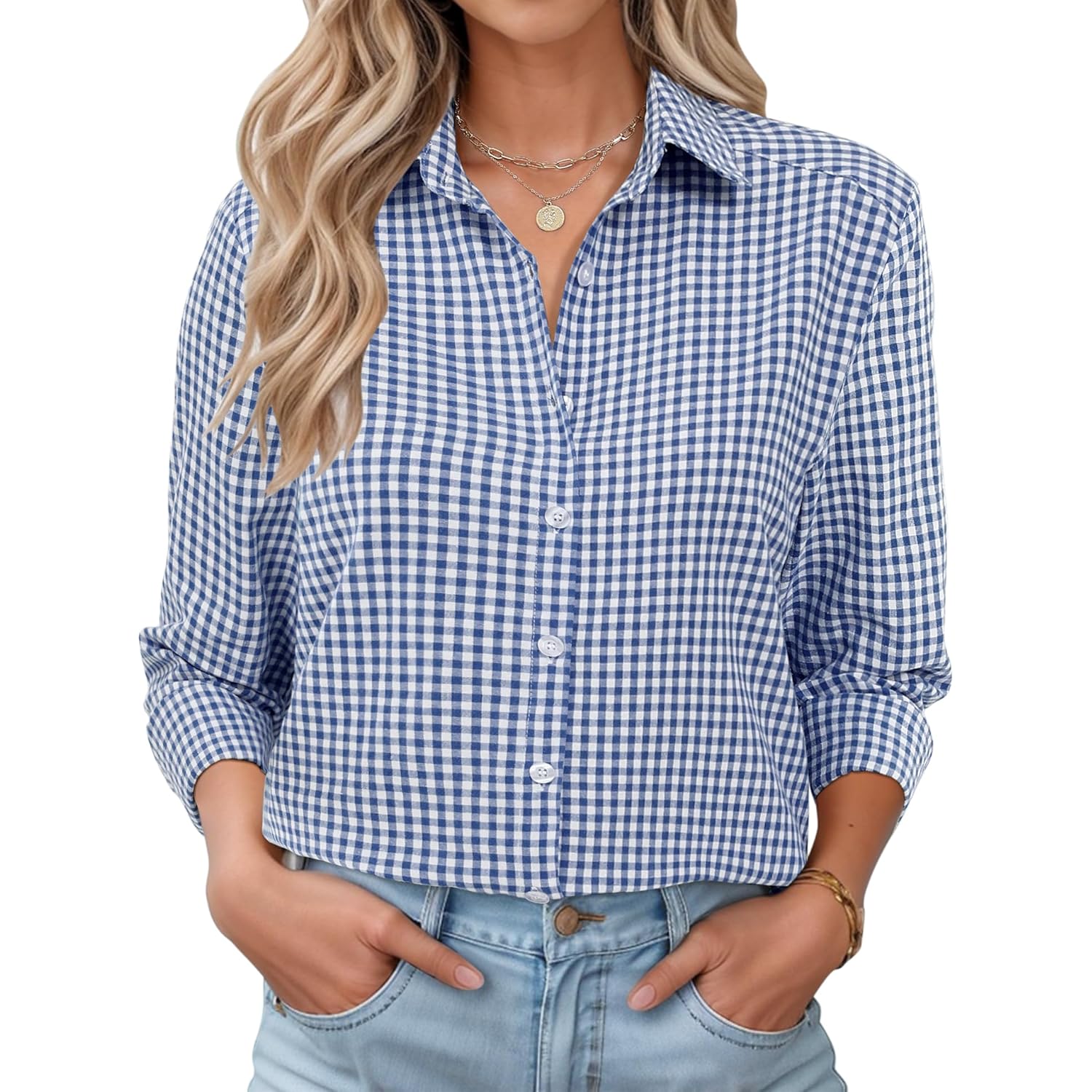 Womens Long Sleeve Button Down Shirts Casual Loose Fit Cotton Collared Blouses