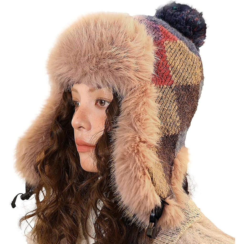 PURFUN Women Faux Fur Trapper Hat Winter Thick Thermal Knit Beanie Full Hood Cap Hunting Cycling Ski Caps Ushanka Russian Hat