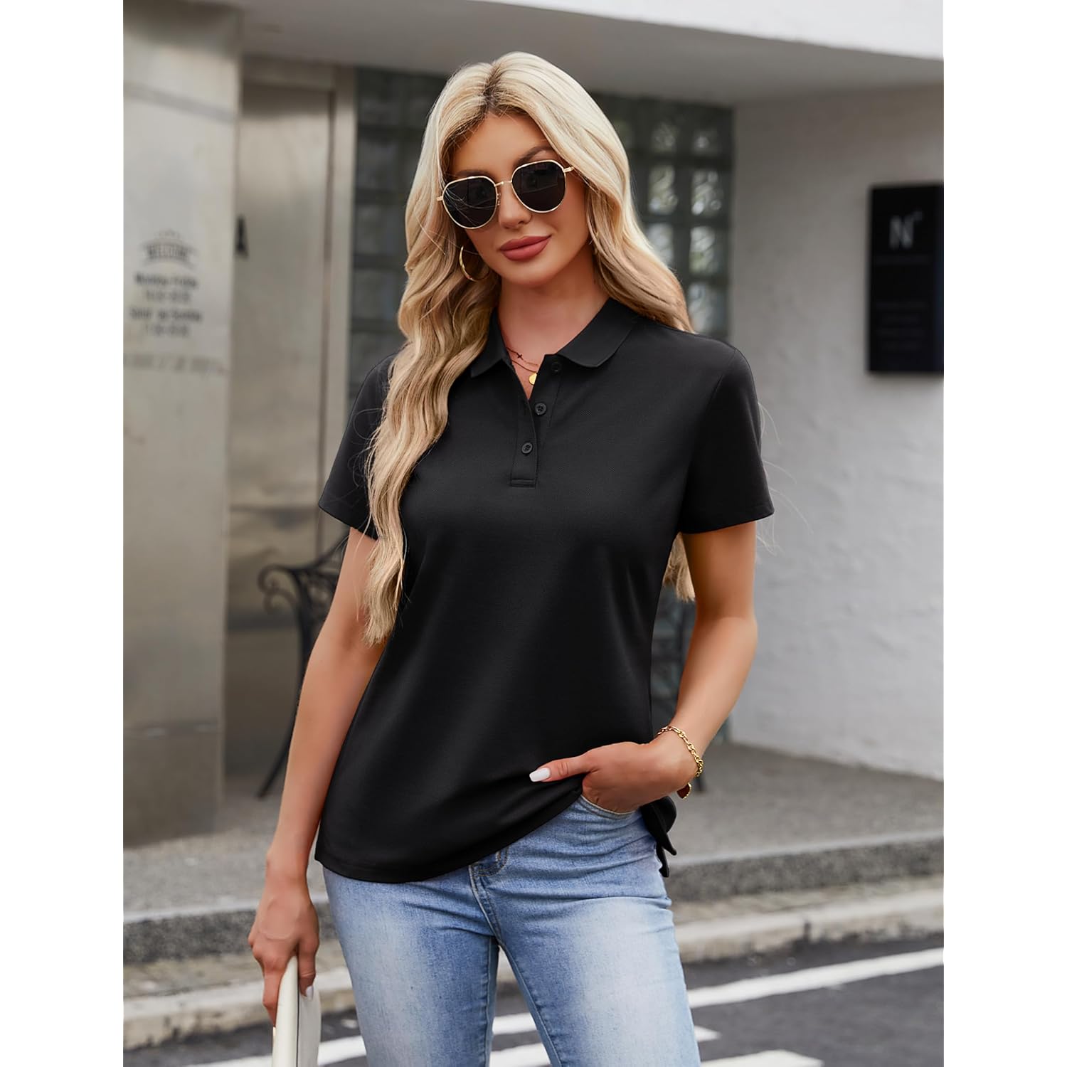 Women's Polo Shirts Cotton 3-Button Short Sleeve Collared Tops Summer Cool Shirt Uniform Casual Shirts