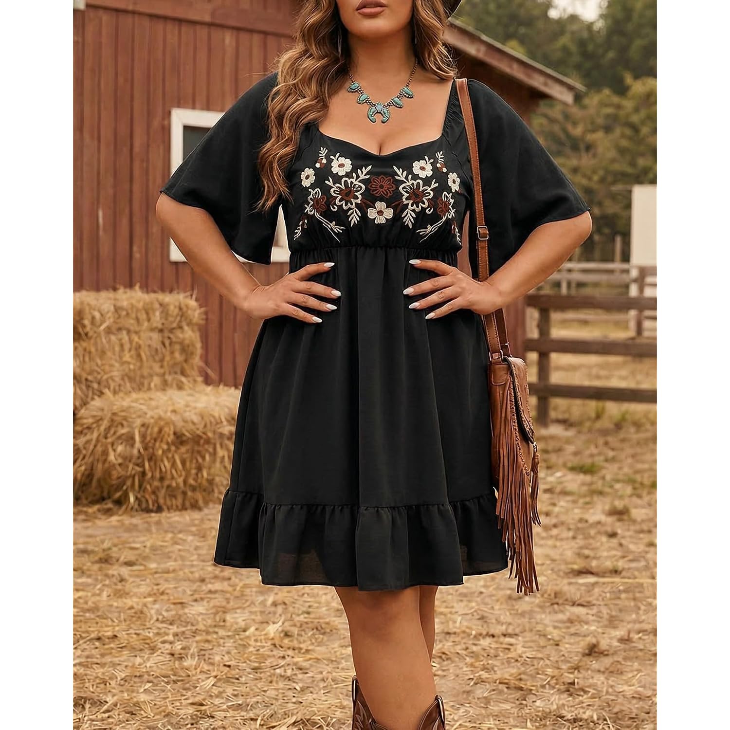 Women'S Plus Size Western Embroidered Floral Boho Dress Country Concert Cowgirl Outfits A Line Flowy Summer Midi Dress