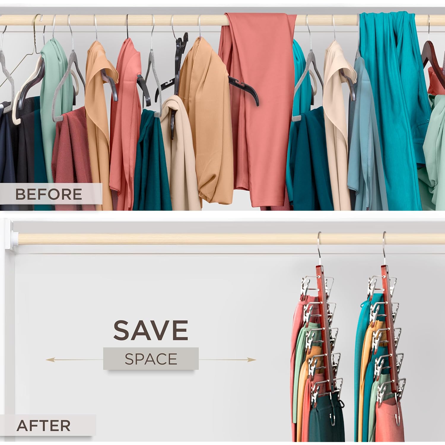 Skirt Hangers Space Saving With Clips - 2 Pack - European Beechwood 5-Tier Hanger For Shorts, Skirts, And Pants - Closet Organizer And Storage Solution For Women With 360° Swivel Hook