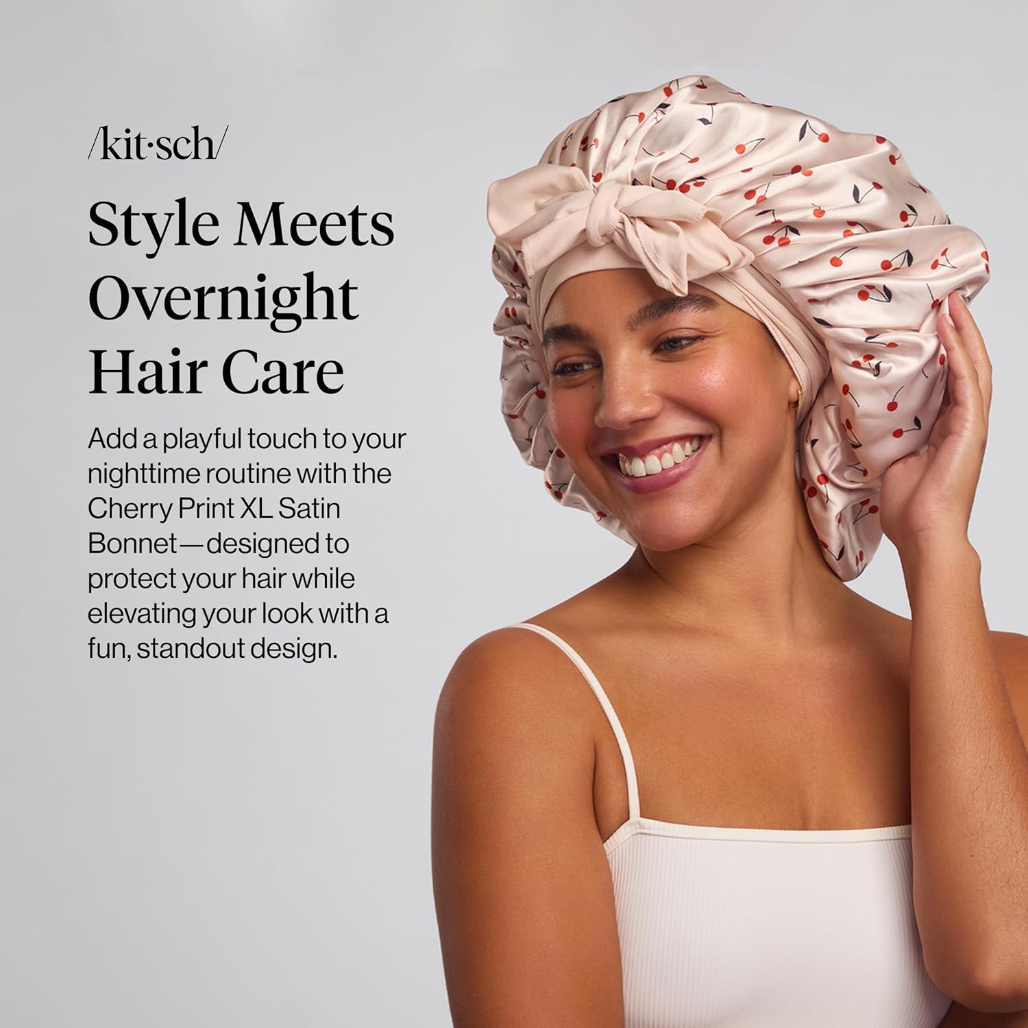 Kitsch XL Satin Bonnet for Sleeping - Softer Than Silk Bonnet For Sleeping Women - Secure Fit, Adjustable, Night Cap For Curly & Textured Hair - Prevents Breakage, Tangles & Thinning - Cherry Print