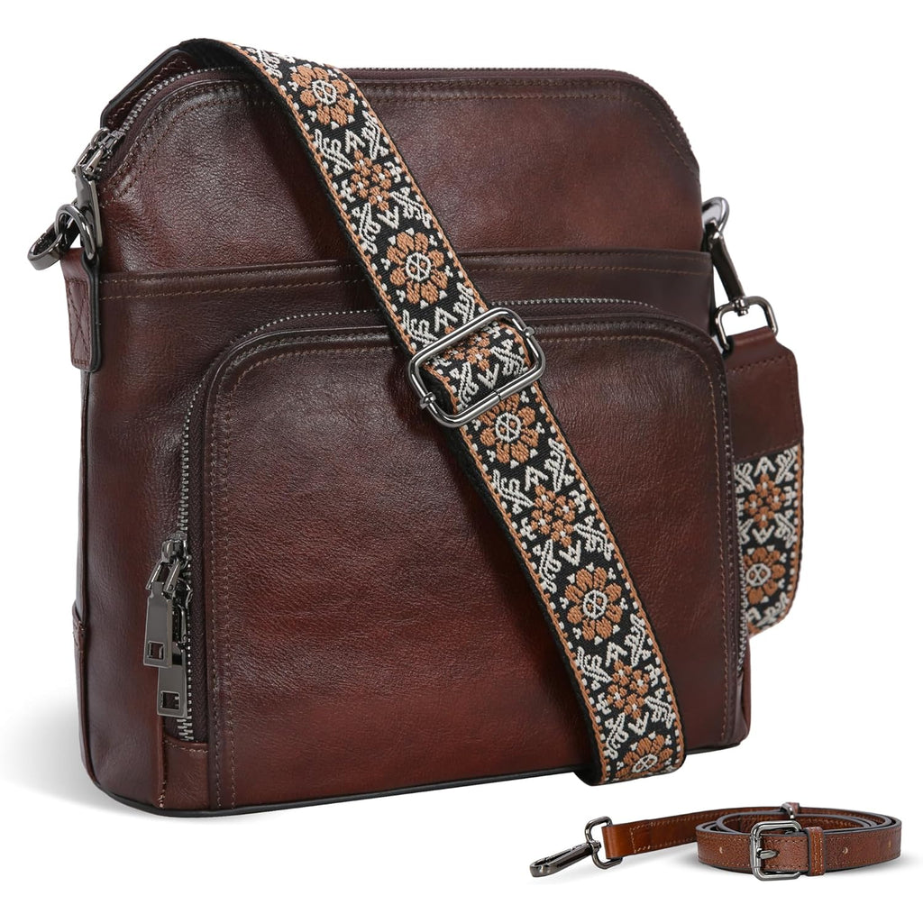 Iswee Leather Crossbody Bags for Women Multi Pockets Medium Shoulder Bag Lightweight Functional Travel Purse